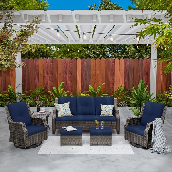 Cozywor 6Piece Outdoor Patio Swivel Rocking Wicker Conversation Lounge Chairs with Side Table and Ottoman