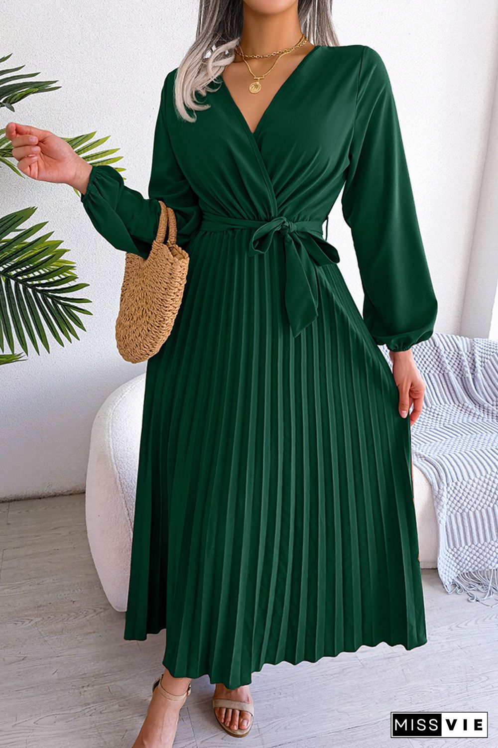 Plain Wrap V Neck Pleated Maxi Dress