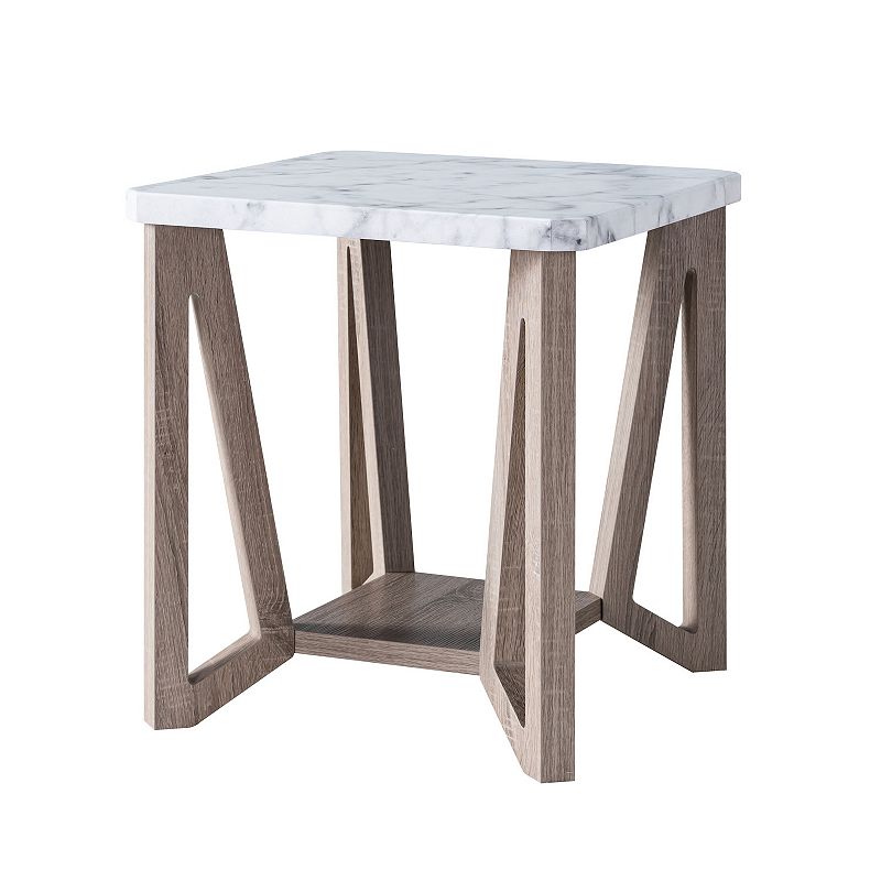 FC Design Faux Marble White and Dark Taupe End Table with Bottom Shelf