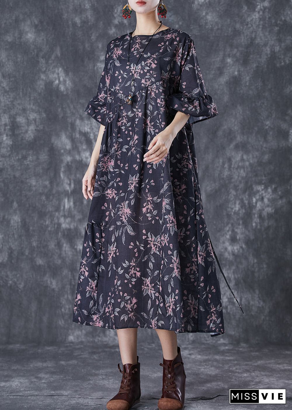 Black Print Patchwork Cotton Dresses Oversized Butterfly Sleeve