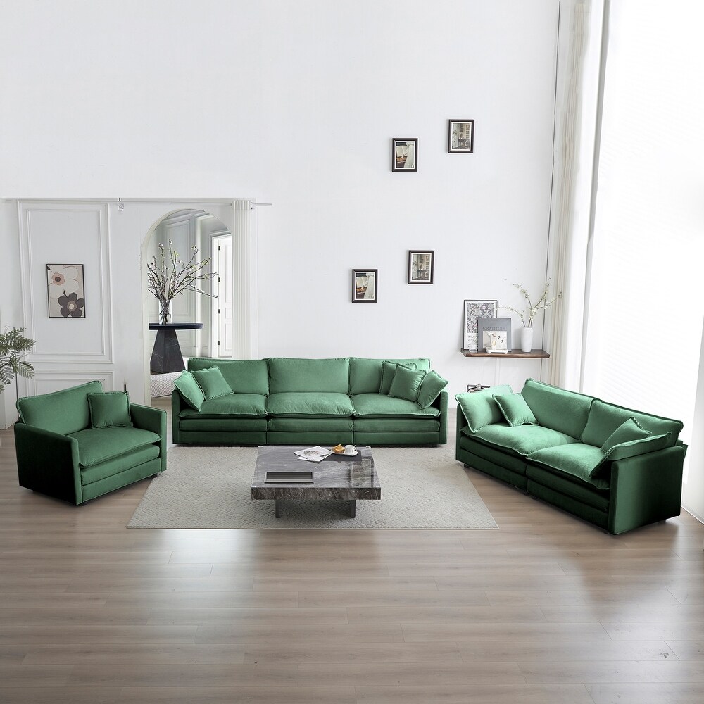 Living Room Deep Seat Sectional Sofa Set w/ Toss Pillows  3 seat Sofa  Loveseat   Single Sofa  Chenille Couch(3pc)  Green