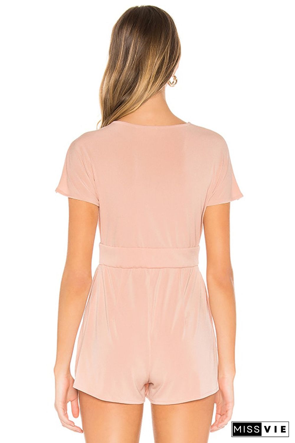 Pink Deep V Neck Buttoned High Waist Romper