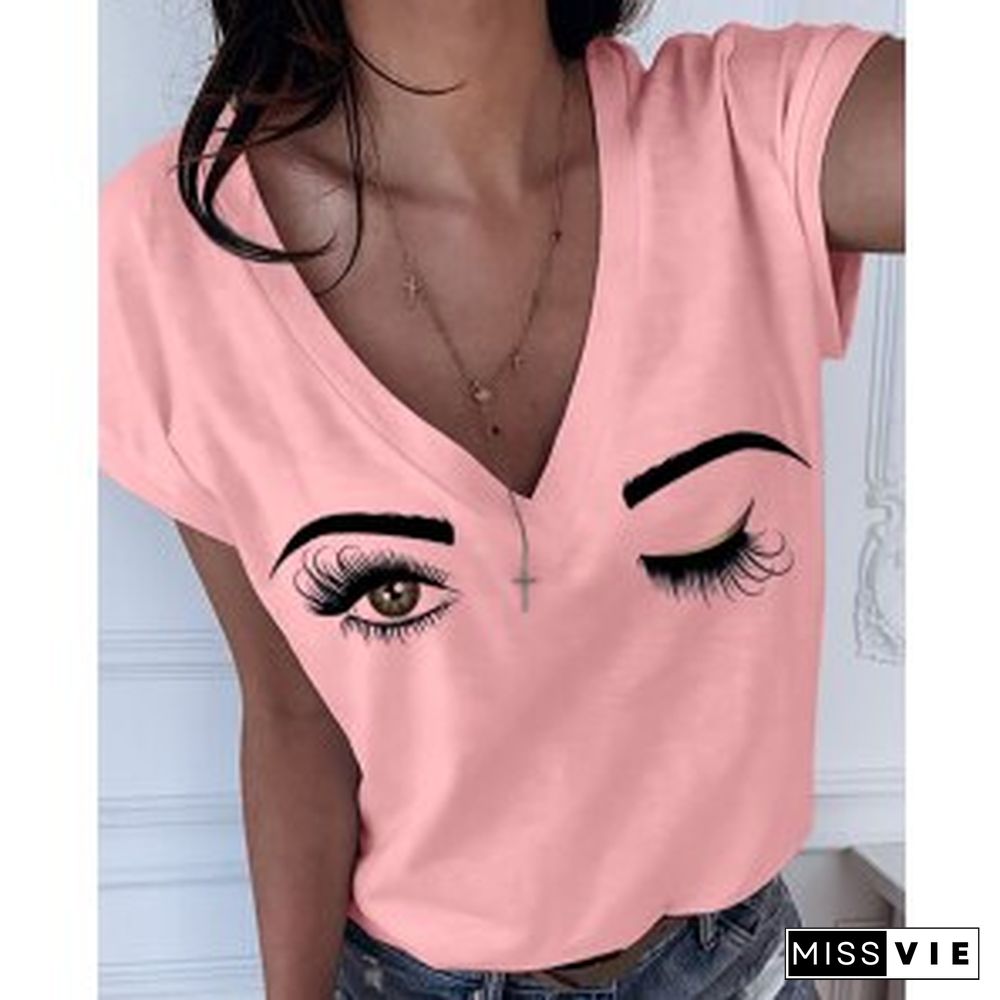 Fashion New Casual Tops Graphic Tshirts FemaleSummer Eyebrows Eye Print Short Sleeve V-neck Women T-shirt