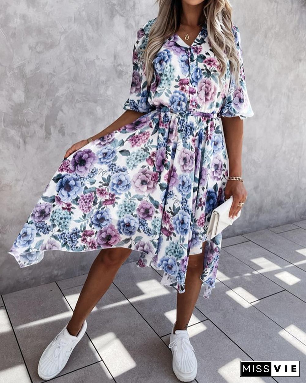 Allover Print Button Front Belted Frill Trim Asymmetrical Hem Midi Dress