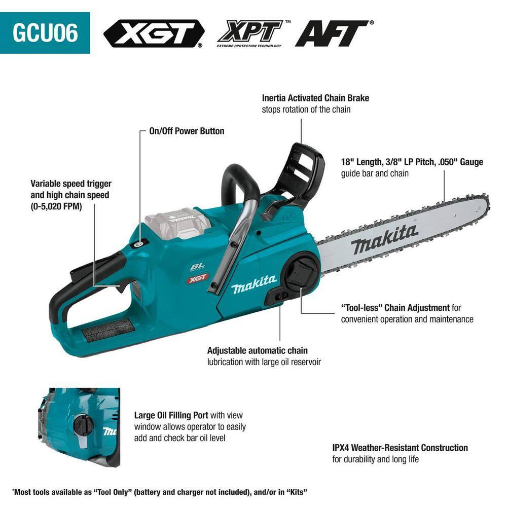 Makita XGT 18 in. 40V max Brushless Electric Cordless Chainsaw Kit (5.0Ah) with bonus 40V Max XGT 4.0Ah Battery GCU06T1-BL4040