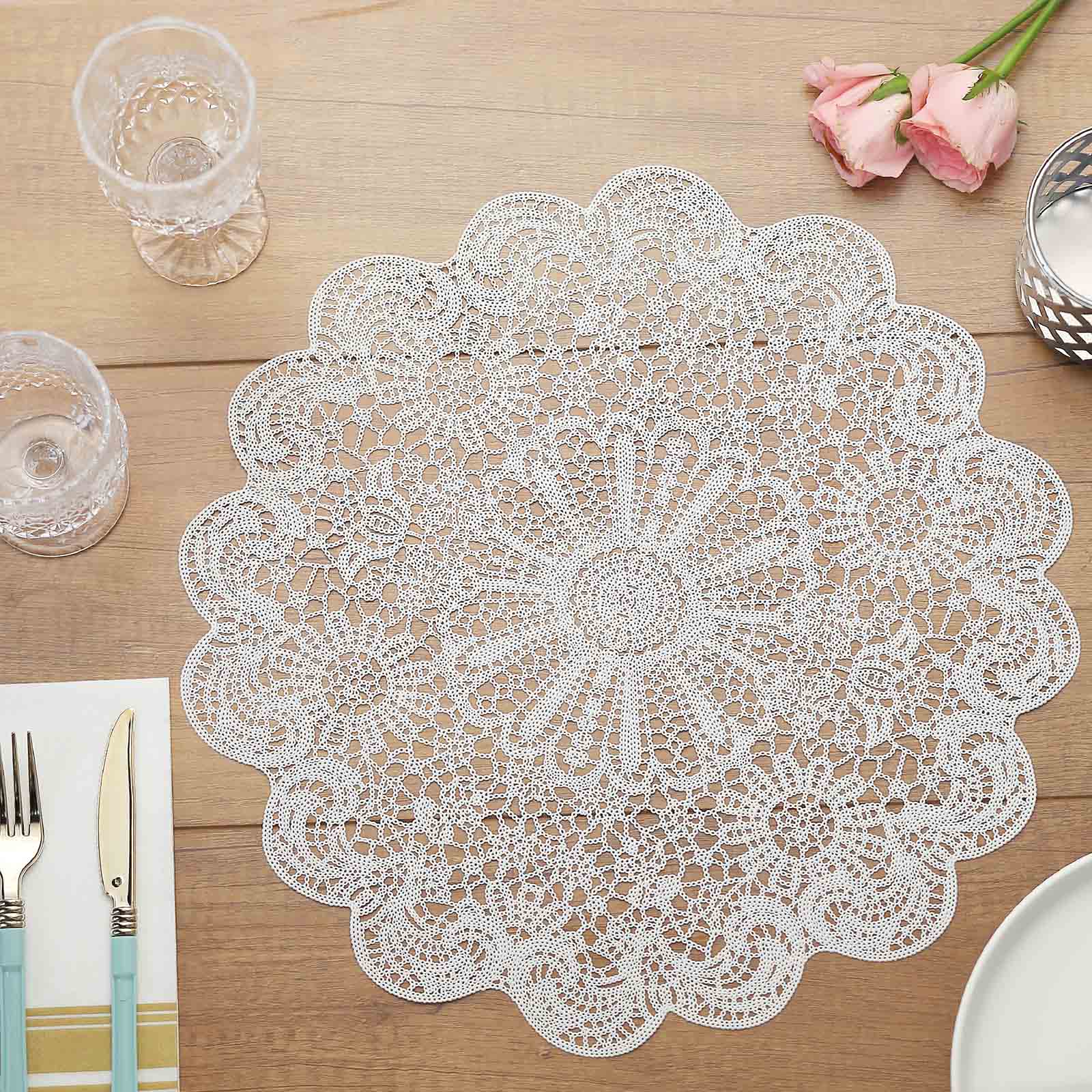 6 Pack White Vintage Floral Lace Vinyl Placemats, Non-Slip Dining Table Mats 15