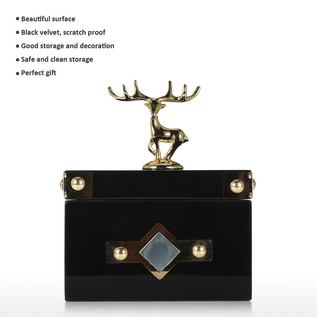 Square Jewelry Box (golden - Deer Small Size) Storage Case Wooden Ring Necklace Storage Box Birthday Gifts For Women Black Velvet  15cm