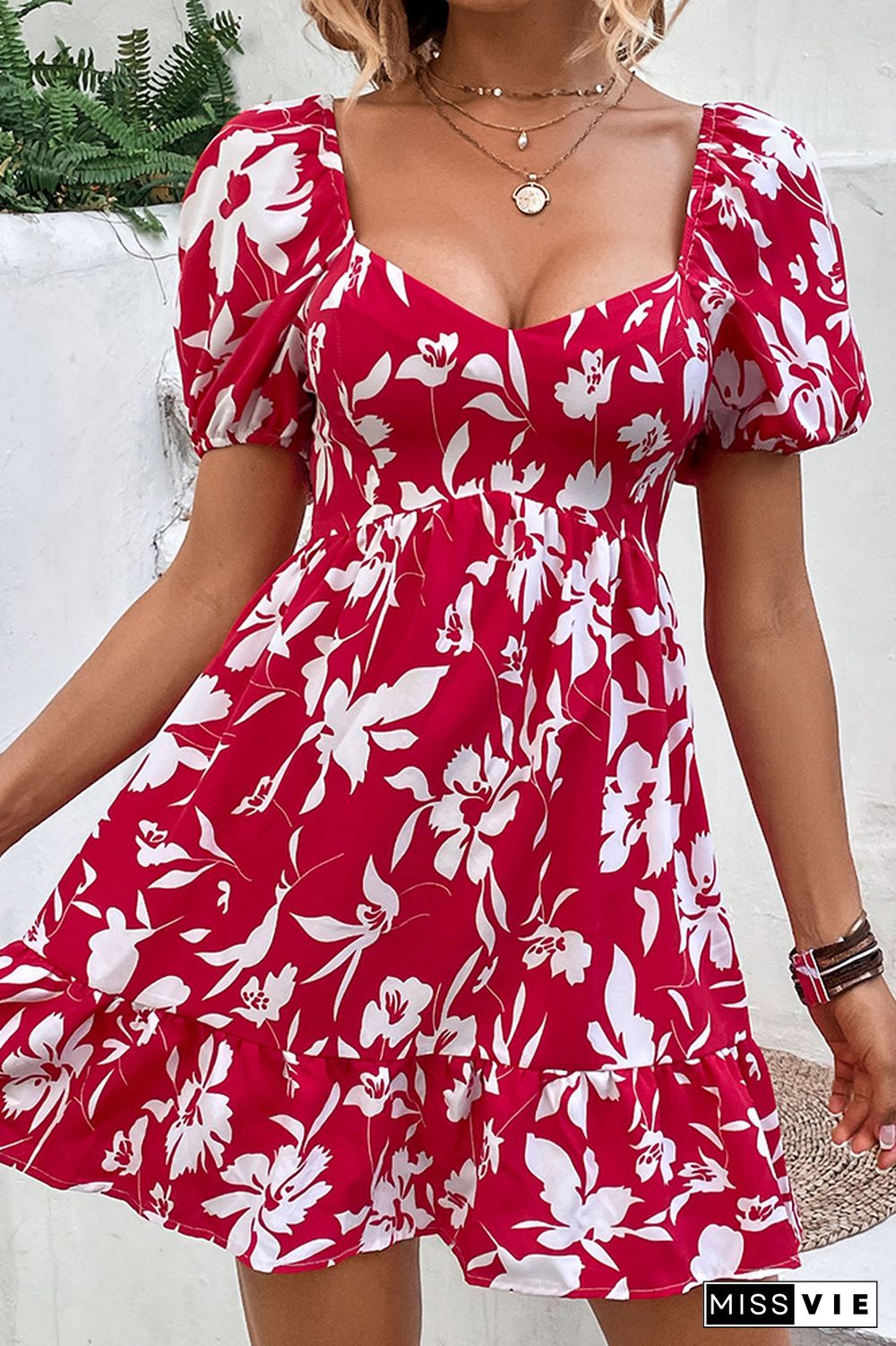 Red Squared Neck High Waist Floral Dress