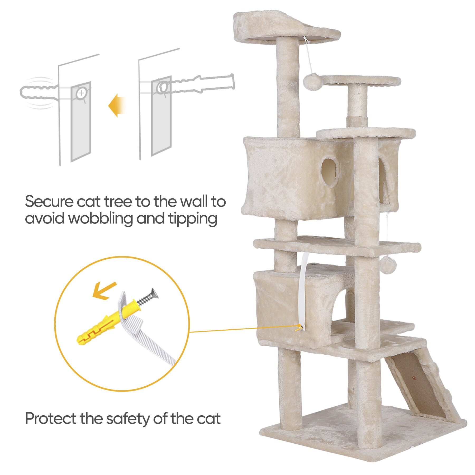 ZENSTYLE 55-in Cat Tree and Condo Scratching Post Tower， Beige