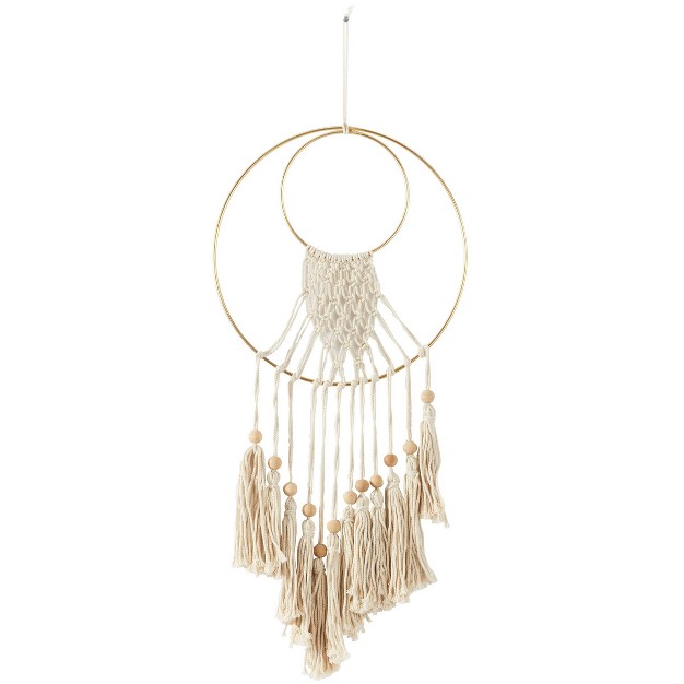 Cotton Macrame Handmade Wall Decor With Wood Beads And Gold Circular Frame Cream Olivia amp May