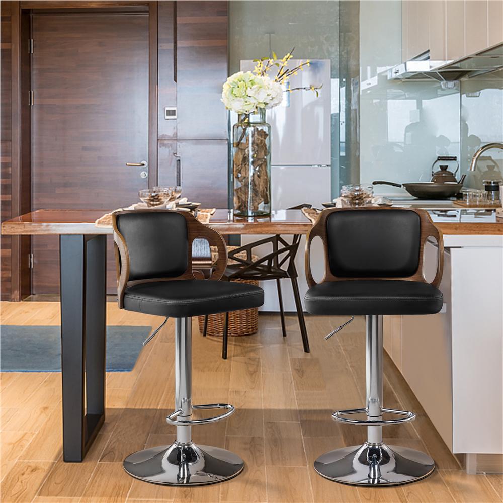 SmileMart Adjustable Walnut Bentwood Faux Leather Bar Stool for Kitchen Counter Home Bar Pub， Black