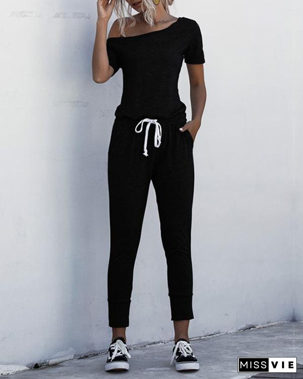 Asymmetric Neck Drawstring Waist Jumpsuit