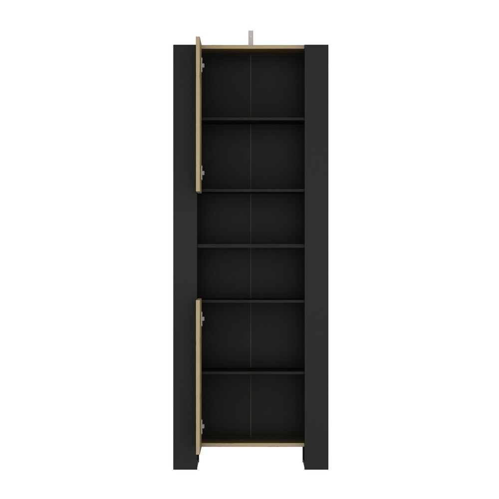 Tall Curio Storage Pantry with 5 Shelves   2 Doors (Wood + Black)   67.3\