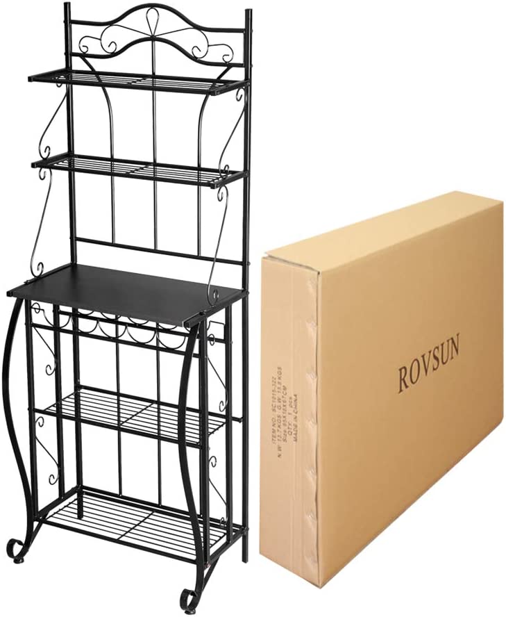 ROVSUN Upgrade Multiuse 5-Tier Metal Kitchen Bakers Rack ， Microwave Storage Rack Oven Stand with Wine Storage Organizer Workstation Black (25 x 16 x 68)