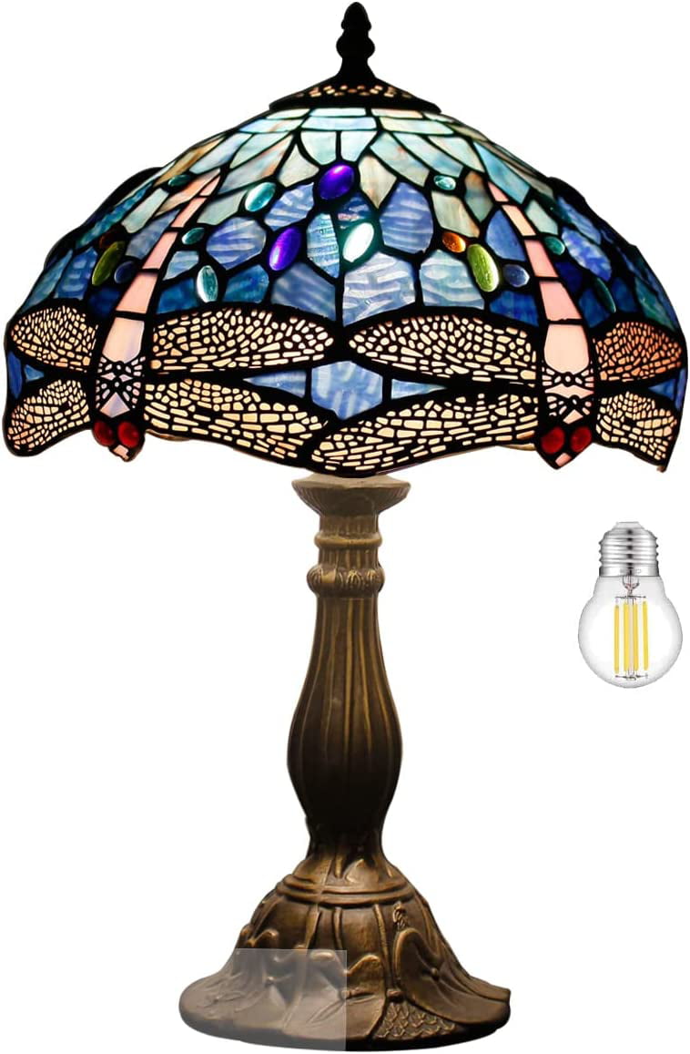 SHADY Tiffany Table Lamp Blue Stained Glass Dragonfly Style Desk Bedside Reading Light 12X12X18 Inches Decor Bedroom Living Room Home Office S631 Series