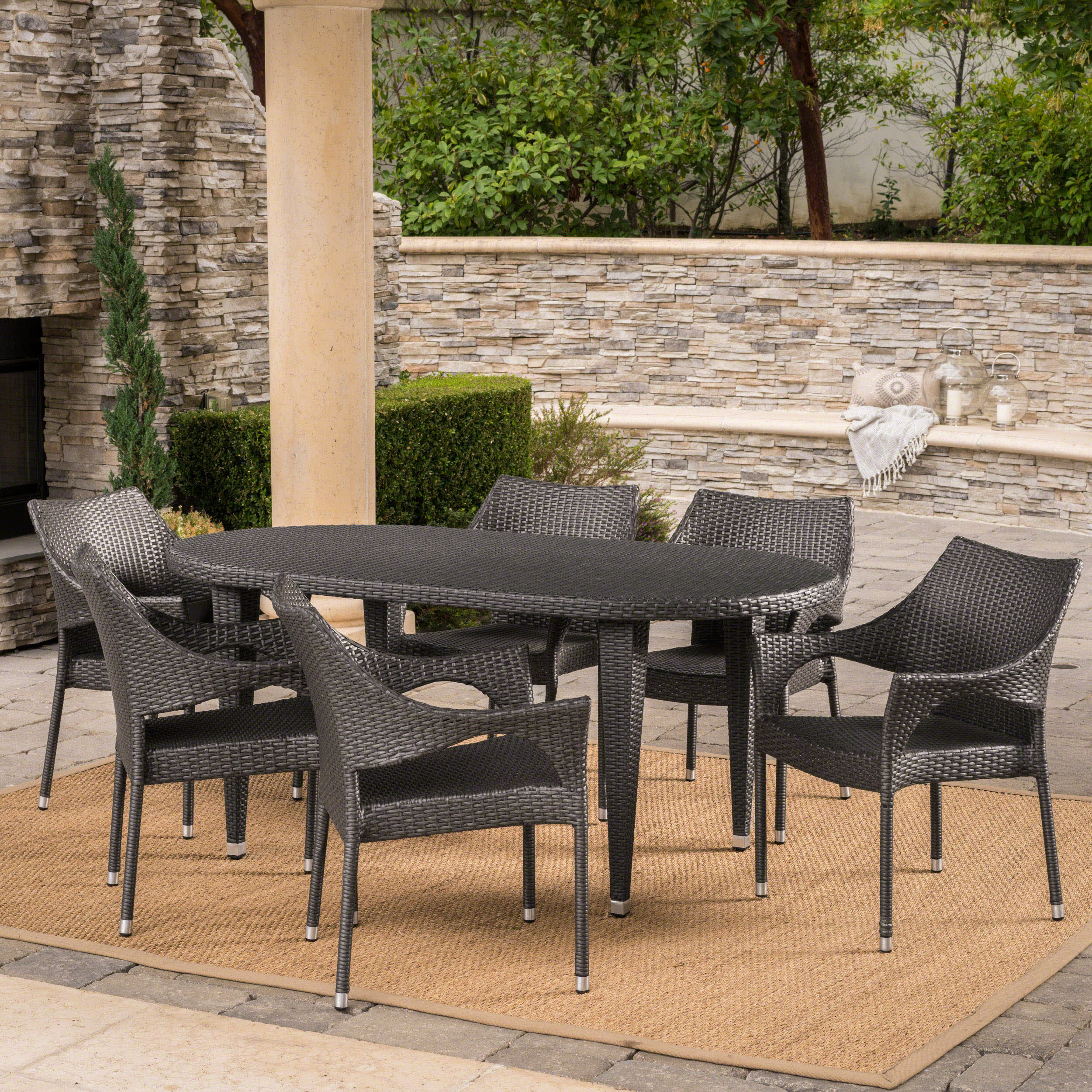 Tills Outdoor 7 Piece Gray Wicker Oval Dining Set with Stacking Chairs