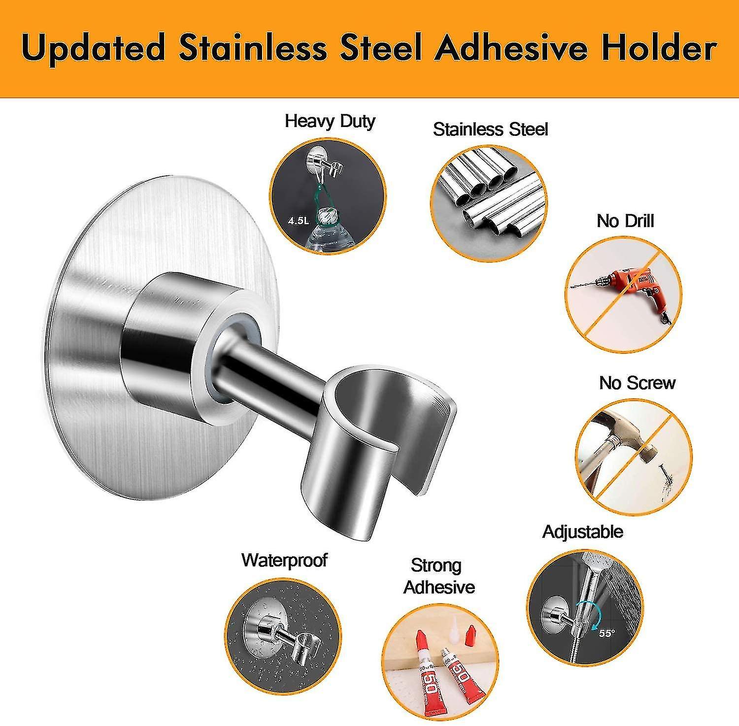 Stainless Steel Shower Head Holder， 360 Adjustable Adhesive Handheld Bathroom Shower Head Bracket， Metal Shower Spray Holder Wall Mount No Too