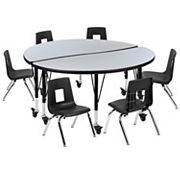 Emma and Oliver Mobile 47.5 Circle Wave Activity Table Set-12 Student Stack Chairs， Oak/Black