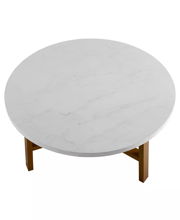 Walker Edison 30 inch Round Coffee Table in Faux White Marble and Acorn