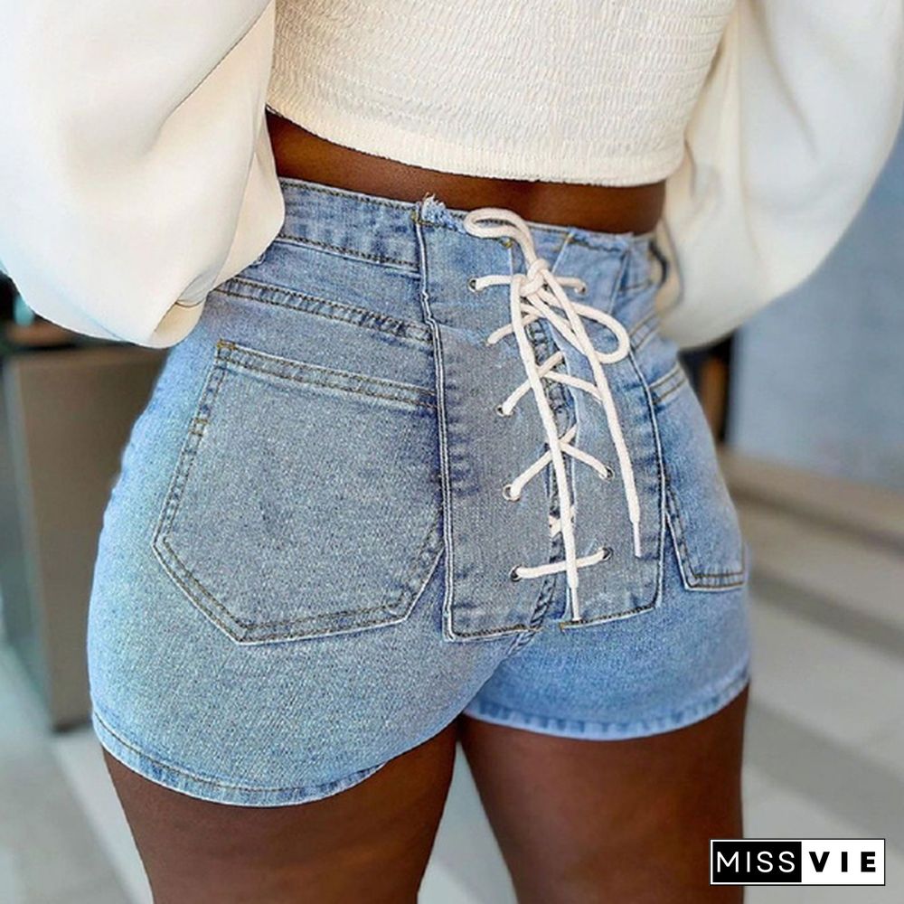 Women Summer Stretch Denim Jeans Shorts Back Bandage Skinny Bodycon Short Pants