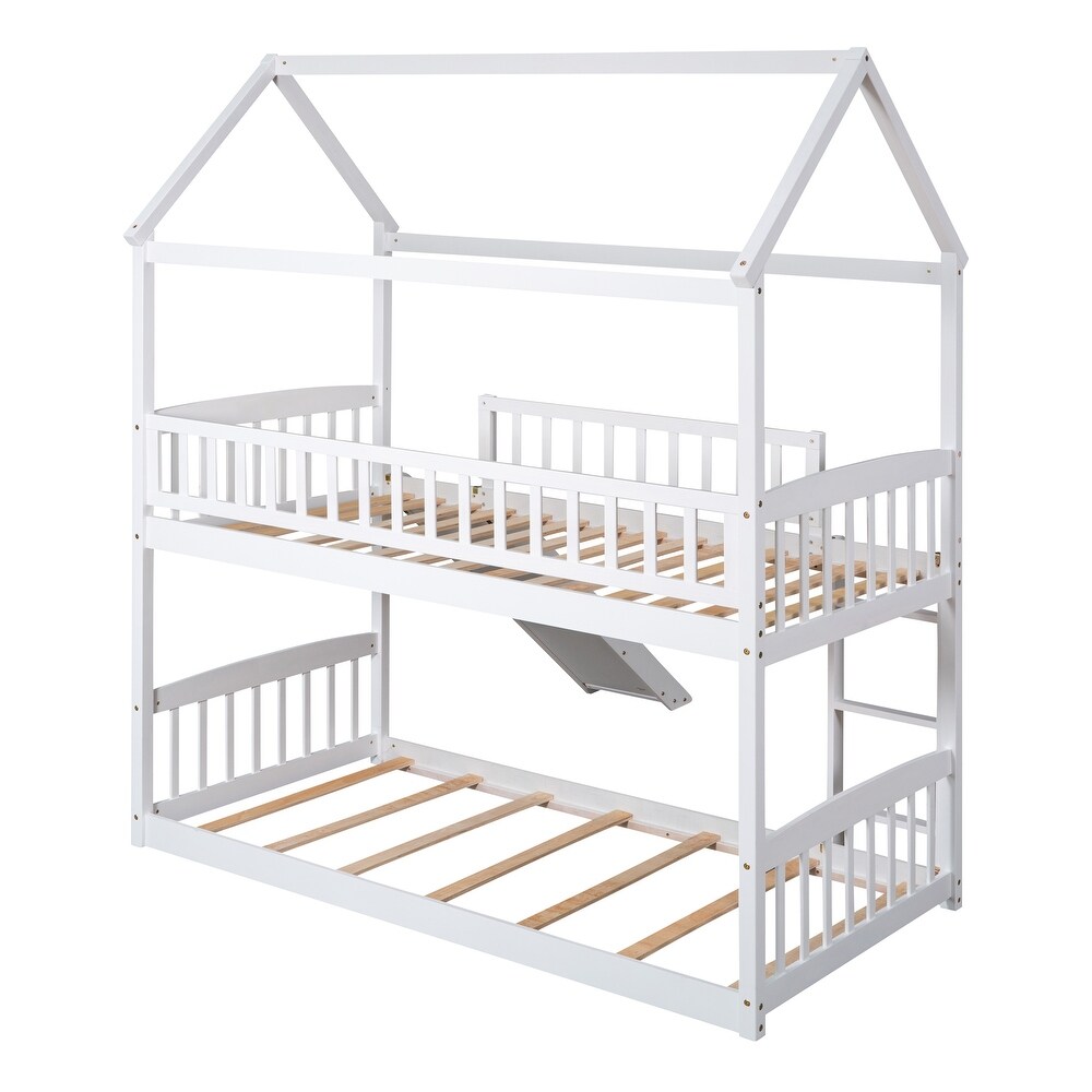 Twin Over Twin House Bunk Bed with Slide  Wood Floor Playhouse Bunk Bedframe with Roof   Ladder for Kids Teens  Girls Boys