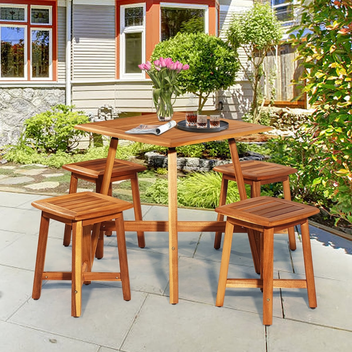 5 Pcs Acacia Wood Patio Dining Set with Square Table & 4 Stools, Outdoor Conversation Bistro Set