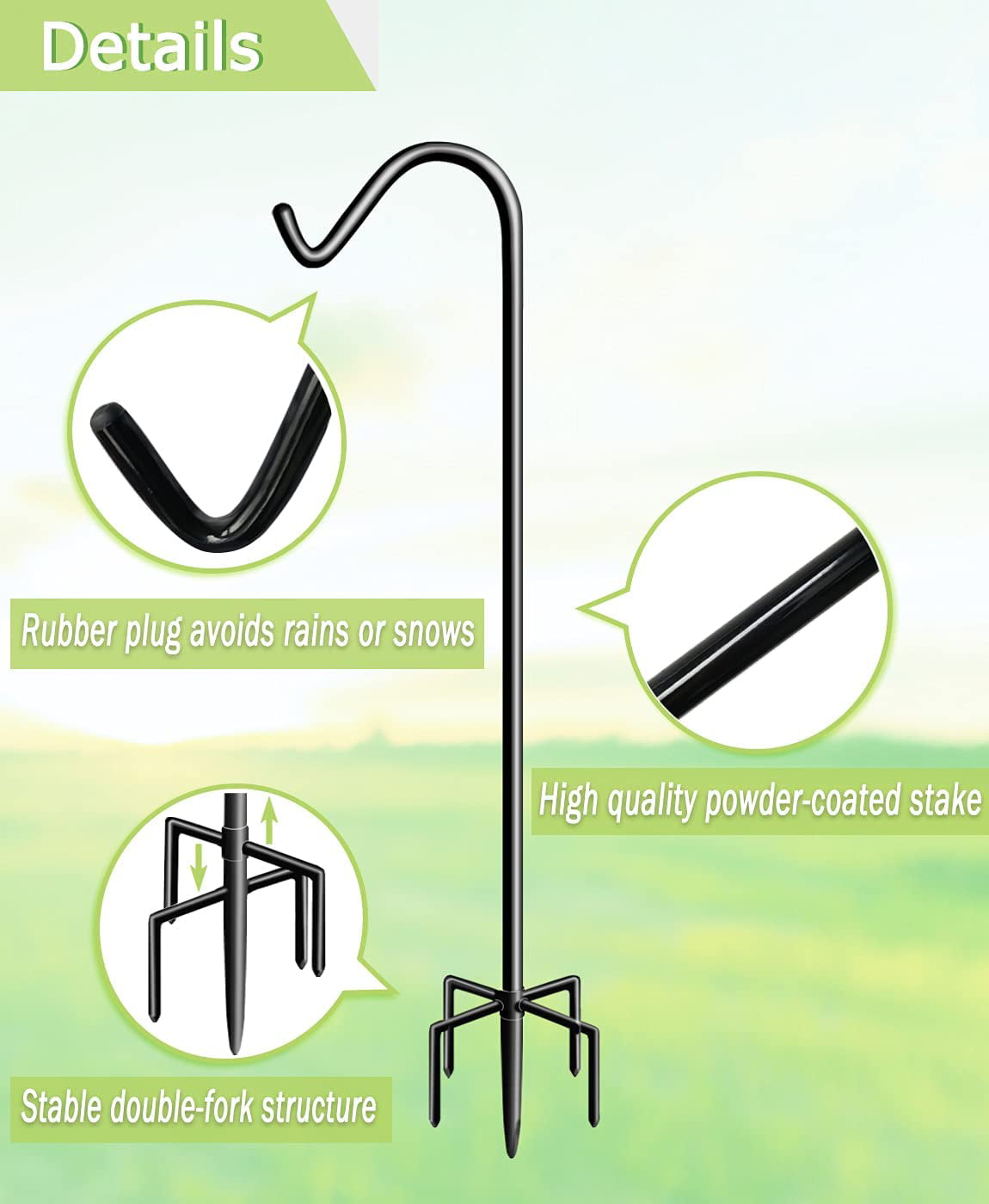 Garbuildman 76 inch Tall Shepherd Hooks with 5-Forked Base, Adjustable Heavy Duty Bird Feeder Pole Stand Hanger for Outdoor, Shiny Black, 1 Pack