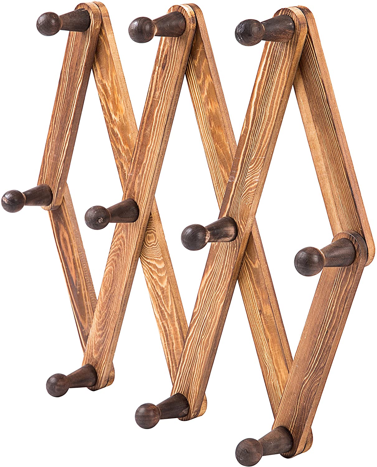 MyGift 10-Hook Rustic Wood Wall-Mounted Expandable Coat Rack， Brown