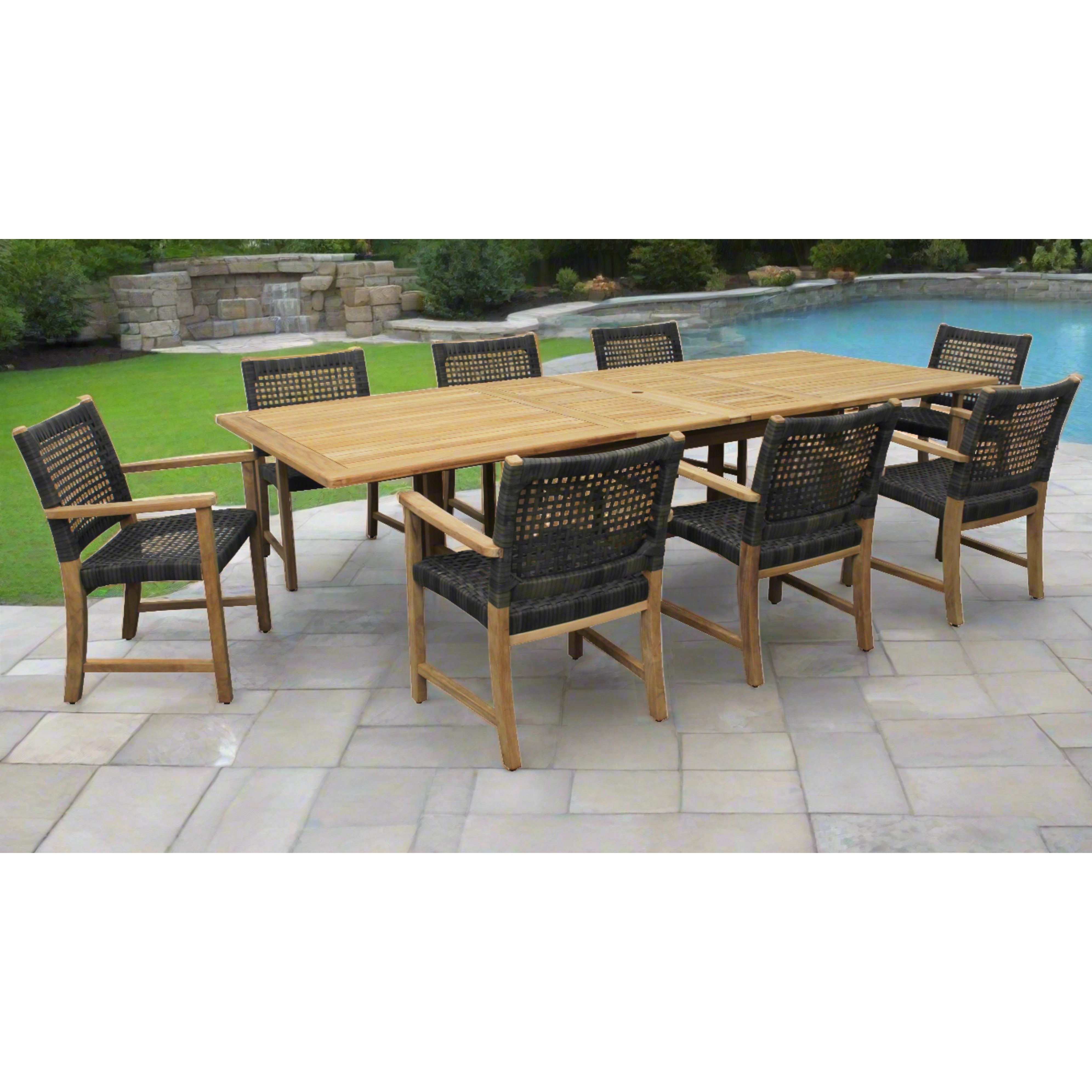 Teak Banquet 9pc Outdoor Dining Set (Teak Extendable Table 88-118 with 8 Woven Sanur Arnchairs)