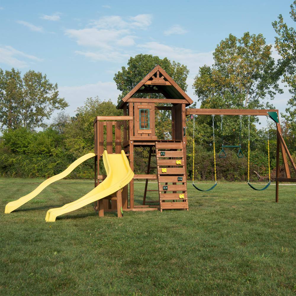 Swing-N-Slide Playsets Castlebrook Ready-To-Assemble Wooden Outdoor Playset with 2 Slides Rock Wall Swings and Swing Set Accessories WS 8355