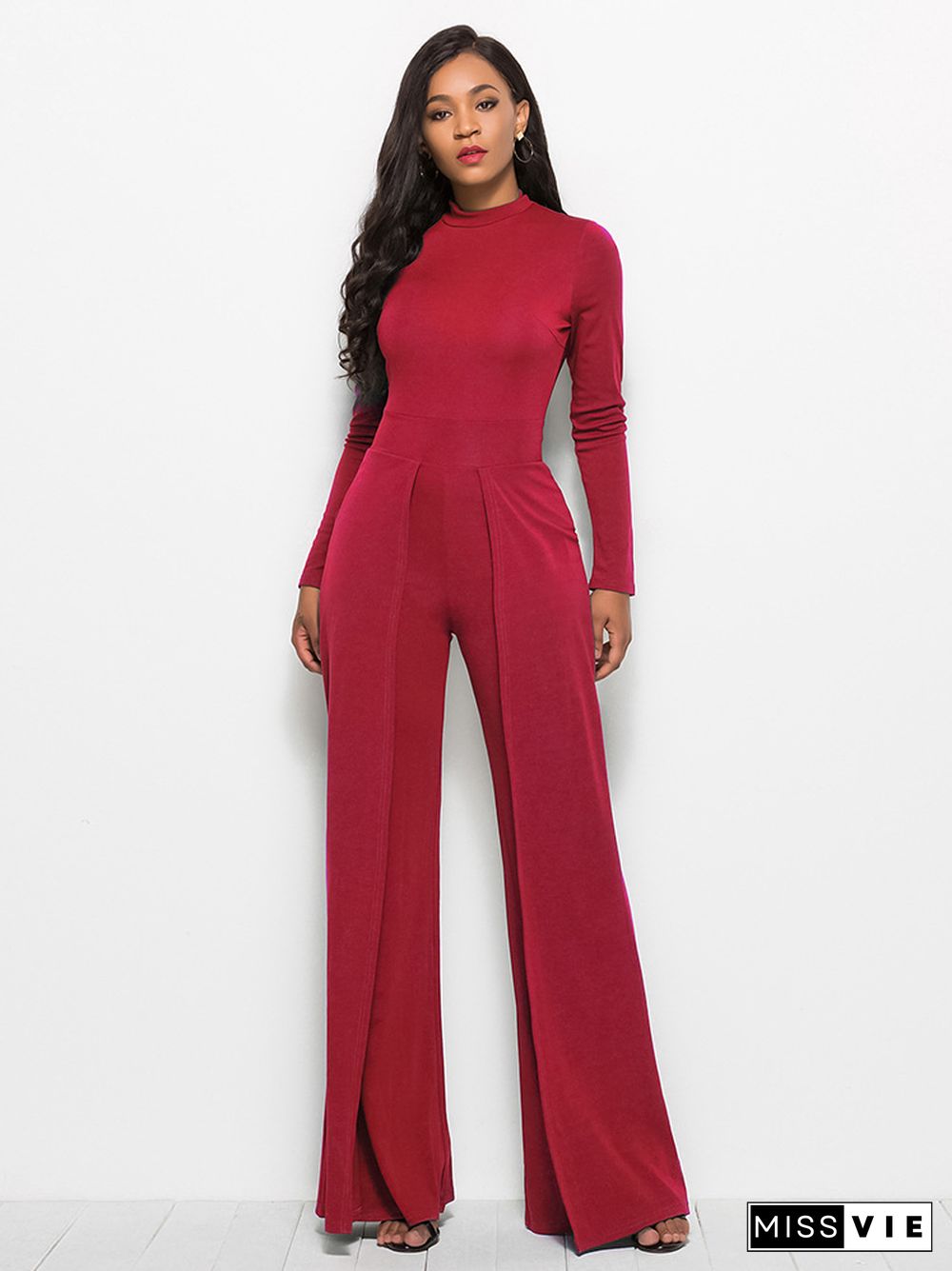 Fashion Crew Neck Long Sleeve Wide Leg Jumpsuit