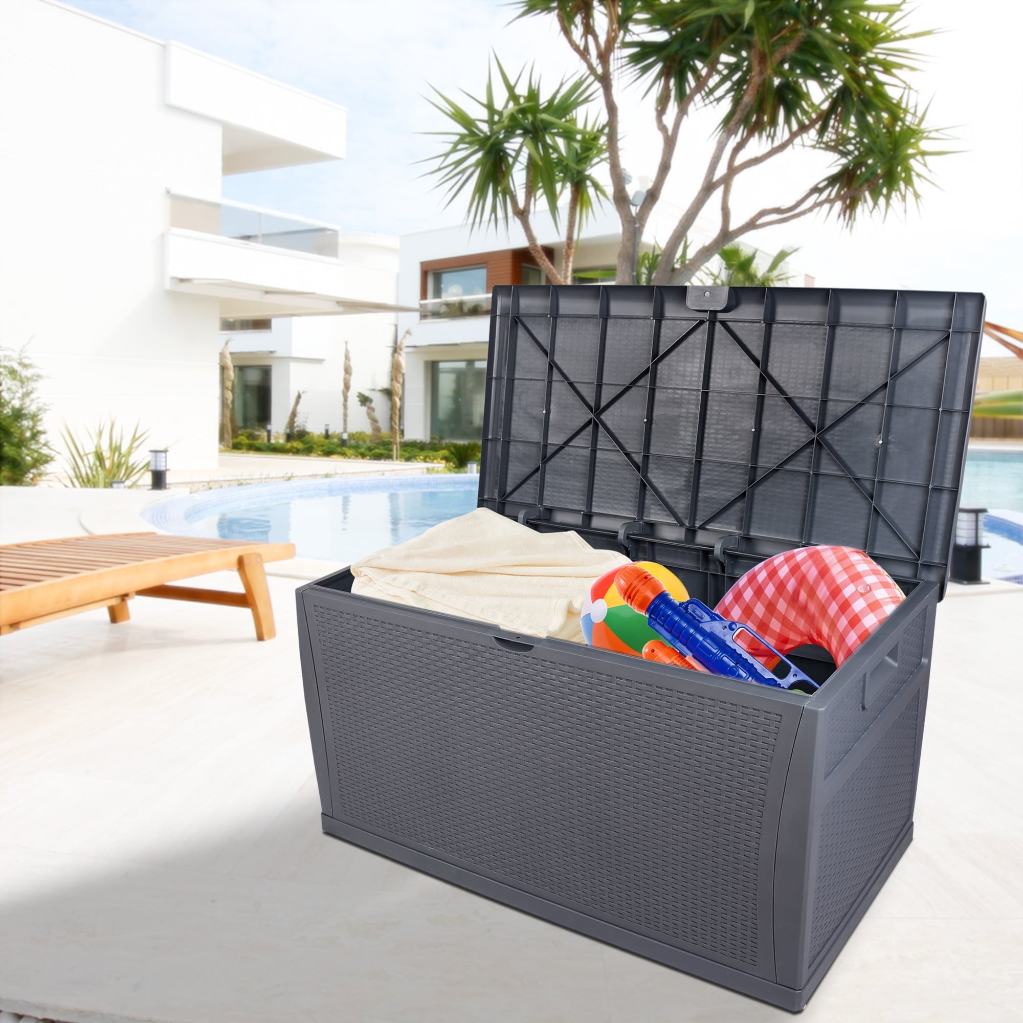 Outdoor Box and Storage, 120 Gallon Resin Deck Box for Cushion , XXL Pool Storage Box for Pool Accessories, All-Weather Waterproof Storage Box Lockable, with 175lbs Seat, Gray