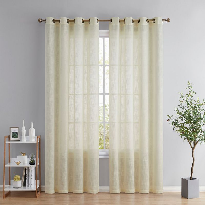 THD Serena Faux Linen Textured Semi Sheer Privacy Sun Light Filtering Transparent Window Grommet Long Thick Curtains Drapery Panels for Bedroom and Living Room， Set of 2