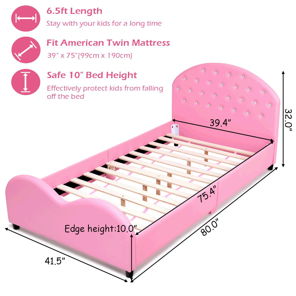 Costway Kids Children PU Upholstered Platform Wooden Princess Bed Bedroom Furniture Pink