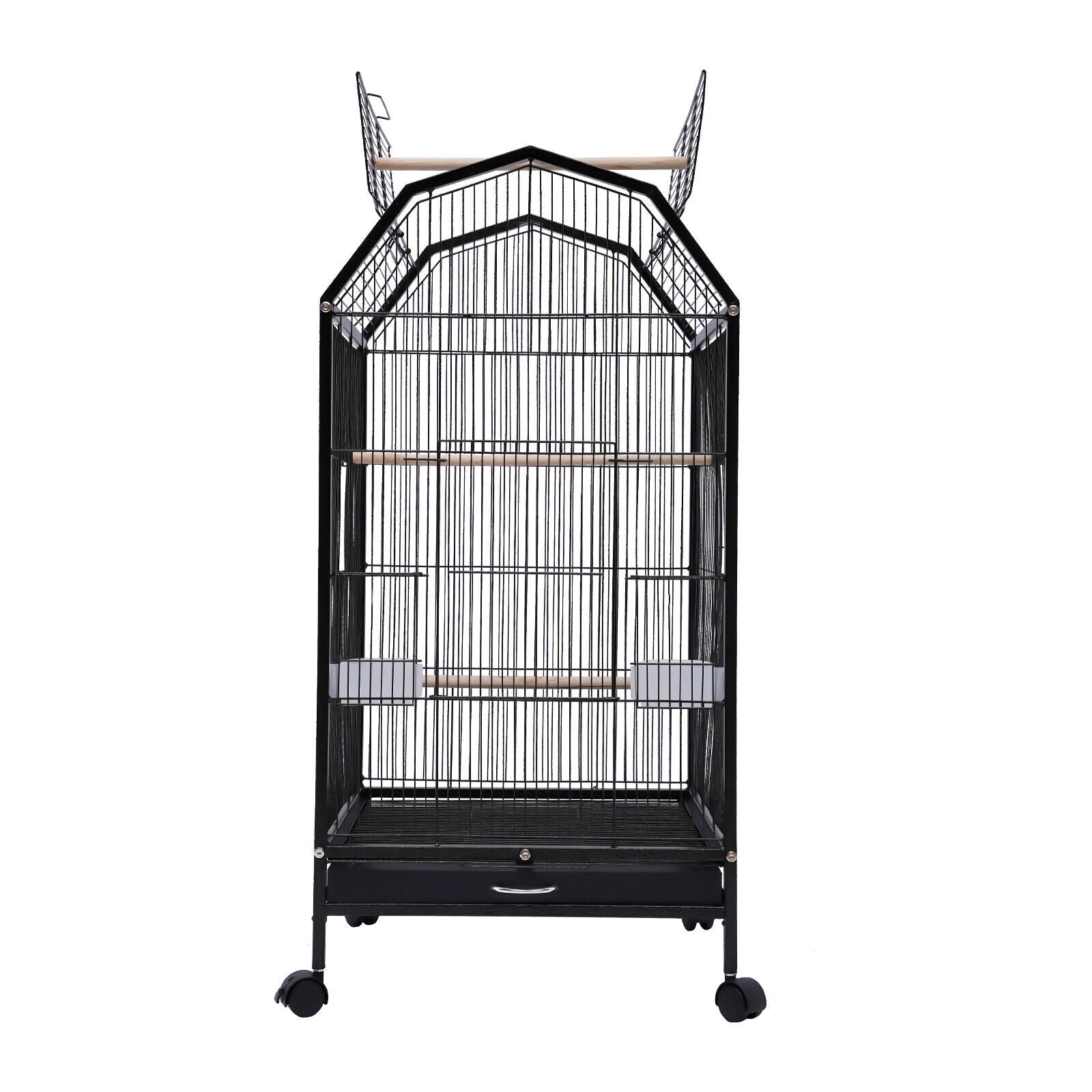 Miumaeov Black Iron Parakeet Bird Cage with Stand Metal Panorama Pet Bird Flight Cages with Wheels Feeding Cups and Standing Poles