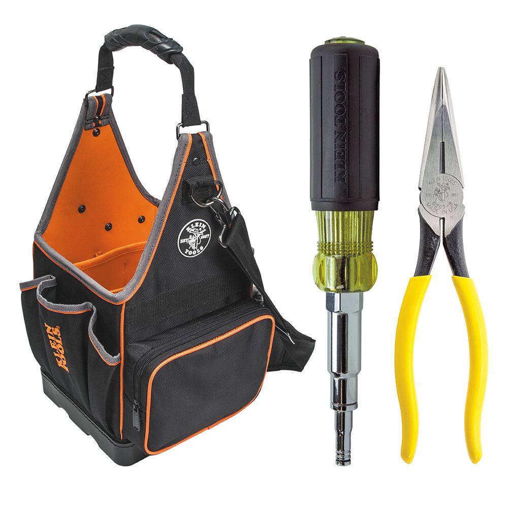 Klein Tools 3-Piece Tool bag Heavy-Duty Long Nose Side Cutting Pliers and Multi-Nut Driver Tool Set M2O41256KIT