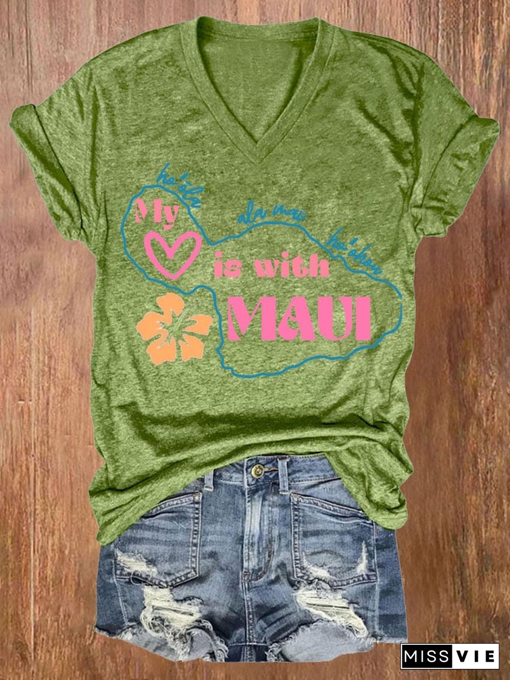 Women's Maui Strong My Heart Is With Maui Print Short Sleeve T-Shirt