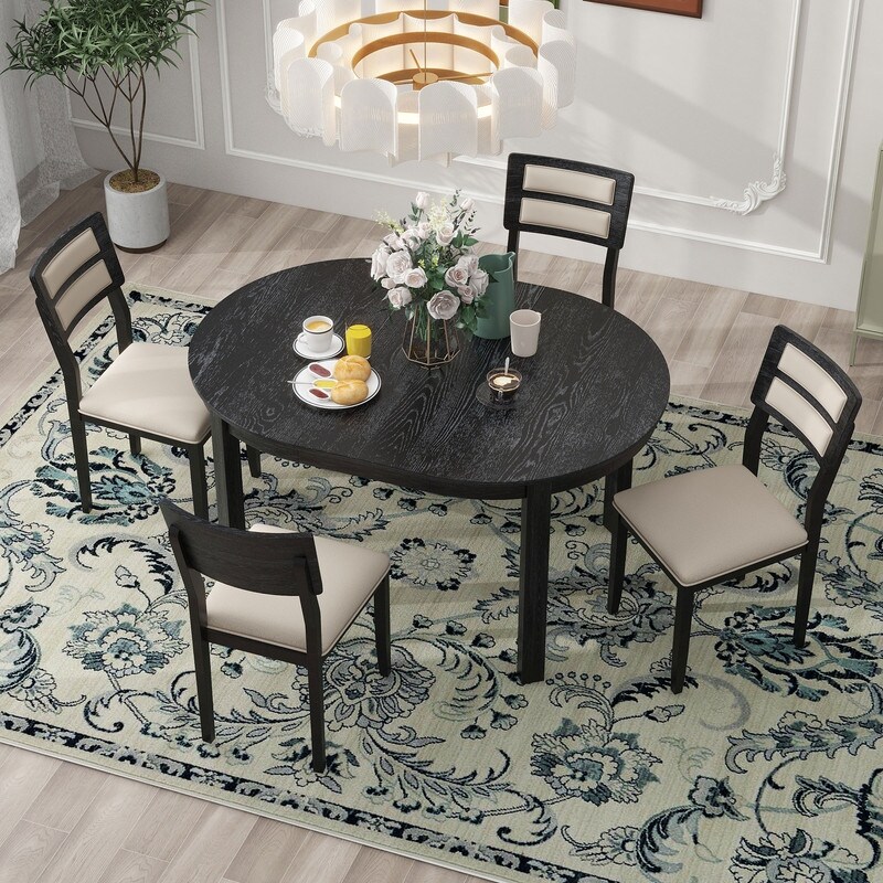 Farmhouse Style 5 Piece Multifunctional Dining Set with Extendable Round Table  Two Drawers and 4 Upholstered Dining Chairs