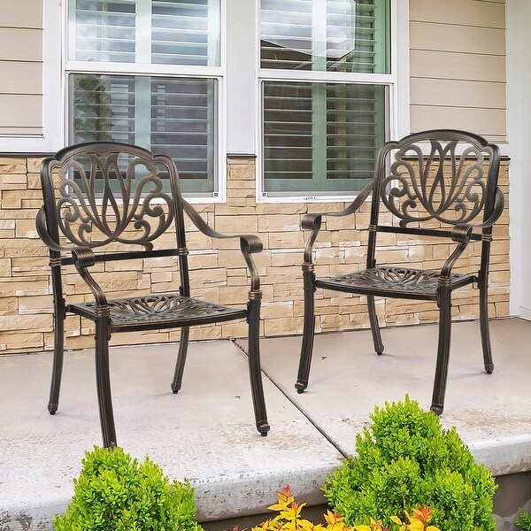 Set of 2 Cast Aluminum Patio Stackable Dining Chairs with Cushions