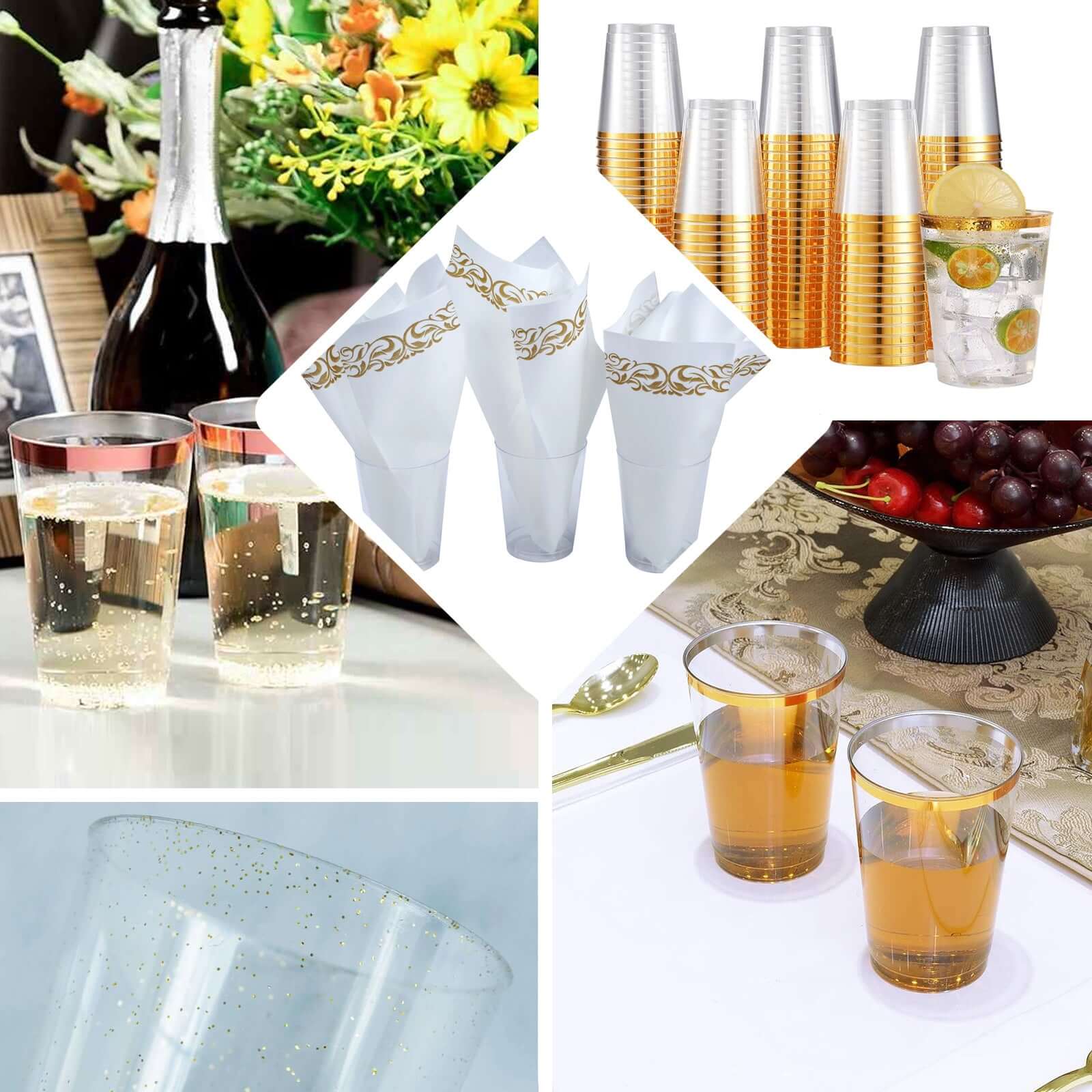 25 Pack Crystal Black Gold Rimmed Plastic Party Cups, Disposable Drink Tumbler Glasses 10oz