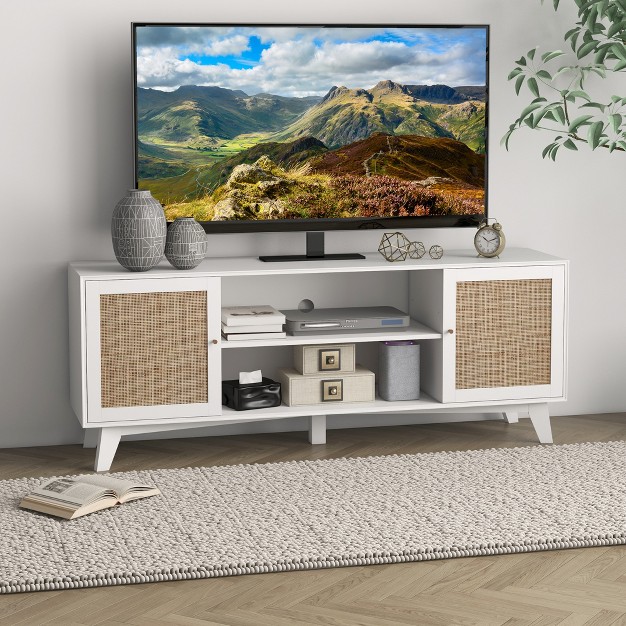 Homcom Tv Stand Cabinet For Tvs Up To 65 quot Boho Entertainment Center With Rattan Doors Adjustable Shelves And Cable Holes For Living Room White