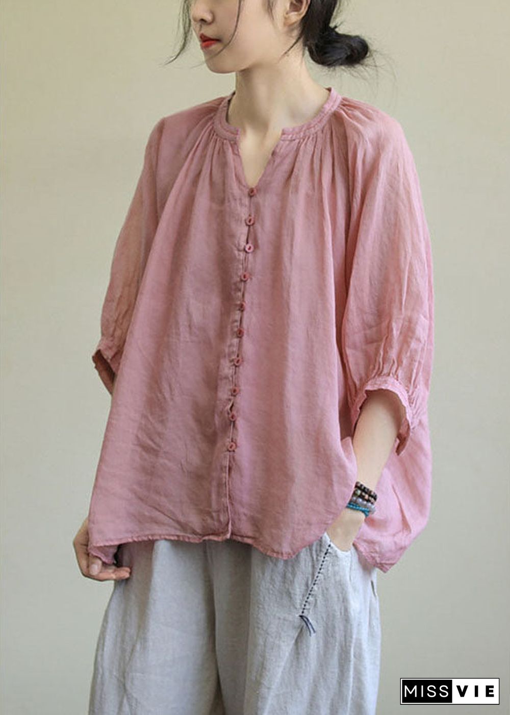 Italian Pink-purple flower V Neck Button Loose Fall Half Sleeve Blouse Top