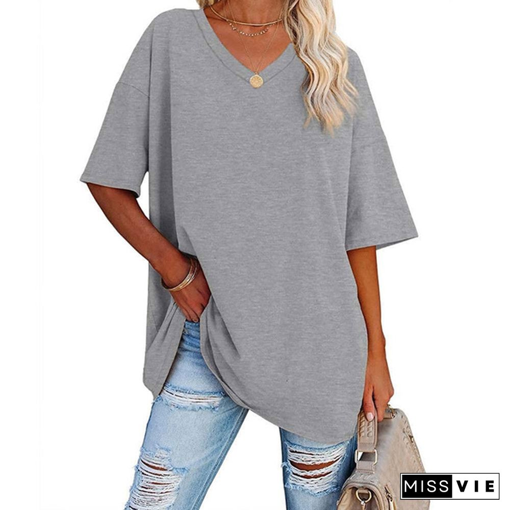 XS-8XL Spring Summer Tops Plus Size Fashion Clothes Women's Casual Short Sleeve Tee Shirts Ladies O-neck Blouses Solid Color Oversized Pullover Tops Half Sleeve Loose T-shirt Beach Wear Cotton T-shirt