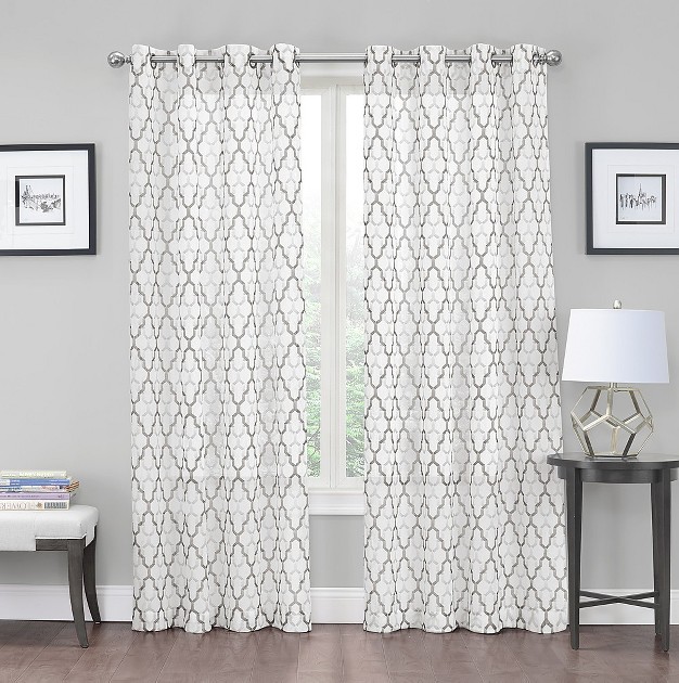 Kate Aurora 2 Piece Gray amp White Crushed Sheer Trellis Grommet Top Curtain Panels