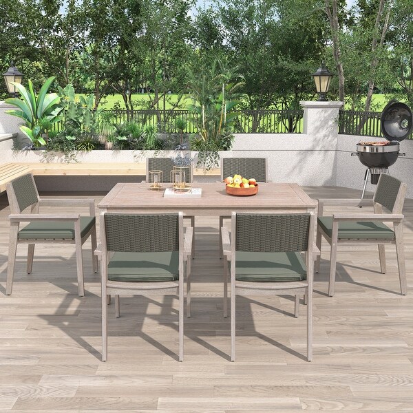 7Piece White Washed Outdoor Dining Set，with Rattan Backrest and Removable Cushions