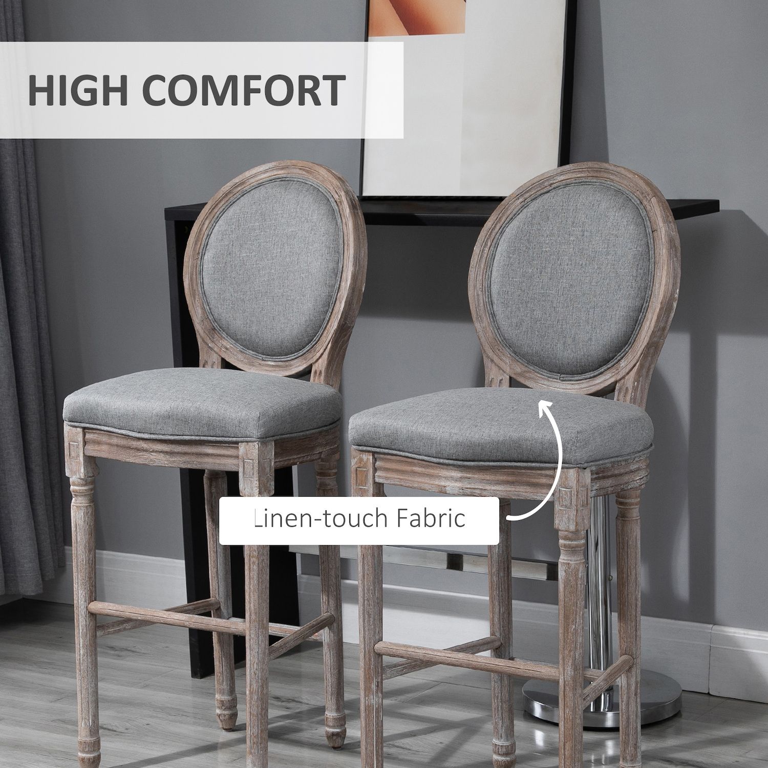 HOMCOM Vintage Bar Height Bar Stool Set of 2 Wood Accent Chairs with Soft Linen Cushions and Footrest 30 Seat Height Grey