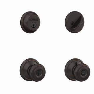 Schlage Georgian Aged Bronze Single Cylinder Deadbolt and Keyed Entry Door Knob Combo Pack FB50N V GEO 716