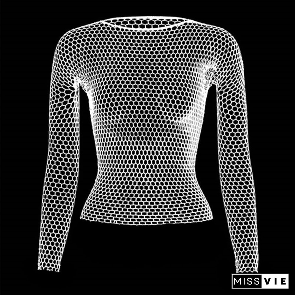 Women Fishnet Mesh See Through Black Shirts New Fashion Bodystocking Night Dress Hollow Out Fishnet Sexy Long Sleeve Underwear