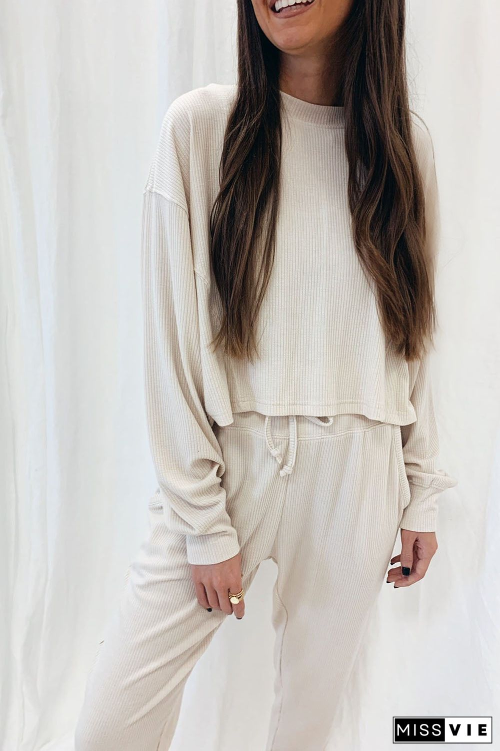 Apricot Ribbed Long Sleeve Drawstring Pants Set