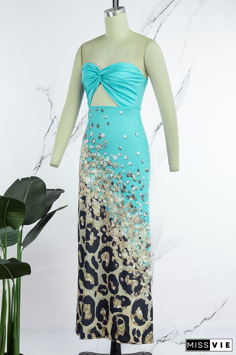 Lake Green Sexy Casual Print Hollowed Out Backless Strapless Long Dress Dresses